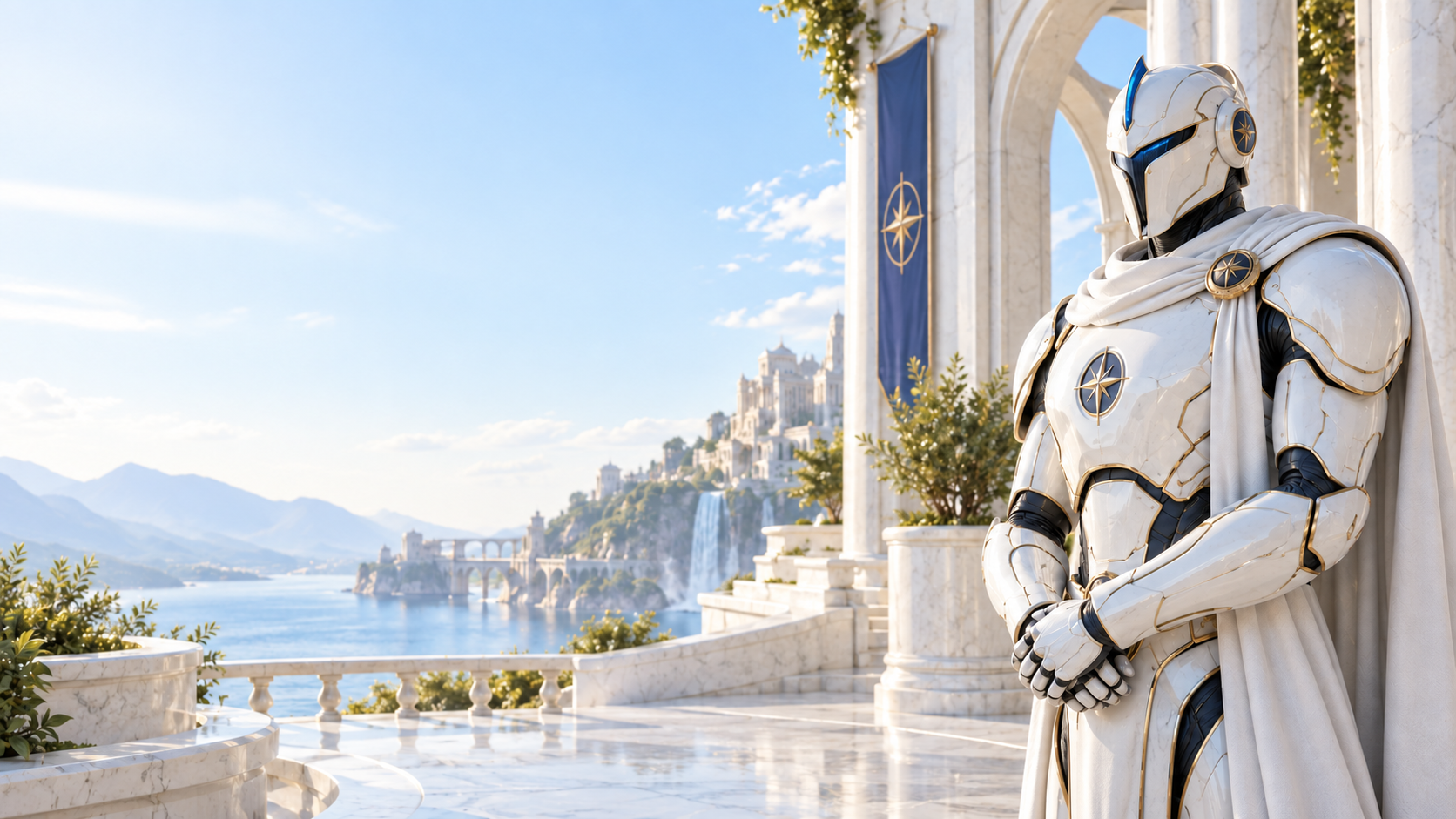 White armored guardian overlooking a sunlit marble terrace and blue sea.