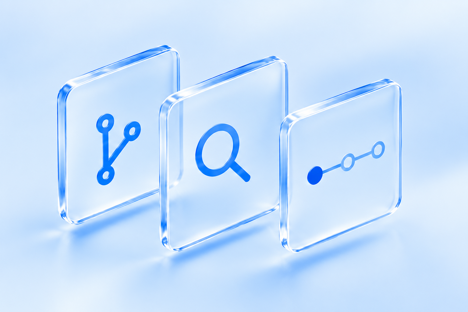 Three blue glass panels representing development, research and product history.